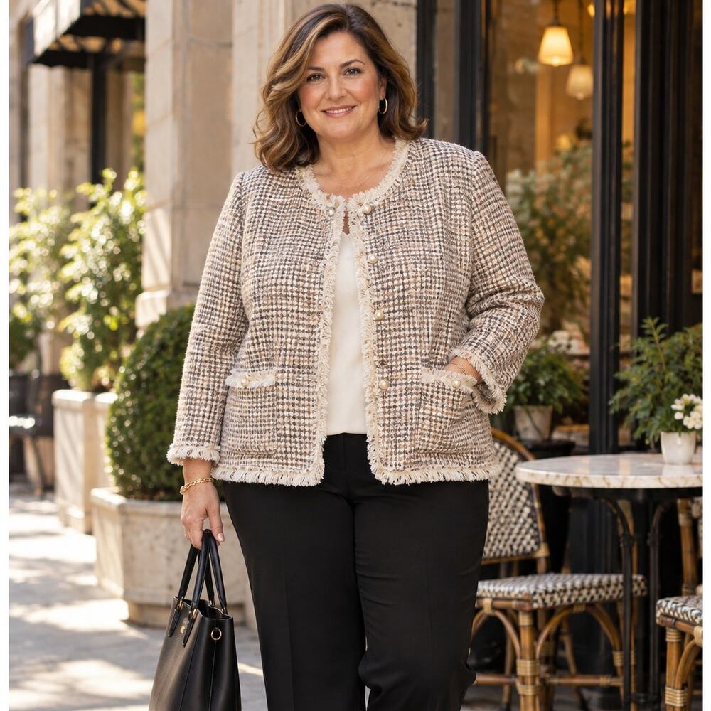 Womens PlusSize 26/28W Tweed Boucle Jacket Fringe Trim Gold Buttons Quiet Luxury